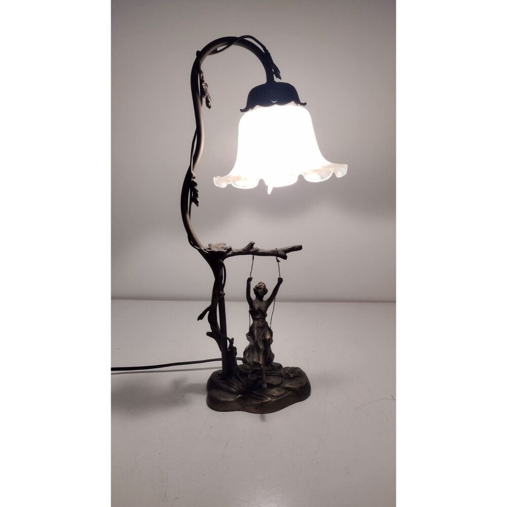 Vintage Art Nouveau Bronze Girl On A Swing Table Lamp Tulip Lampshade RARE